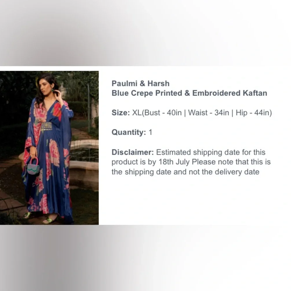 Paulmi & Harah: Blue crepe printed and embroidered kaftan - Picture 8 of 8